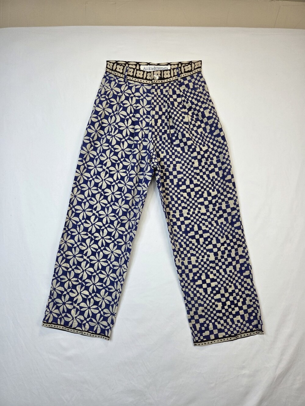 Alix of Bohemia Mixed Print Cotton Wide Leg Pants Blue White XS
